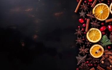 Mulled wine spices with cinnamon, citrus and star anise on a black background, top view, copy space at the left. Merry Christmas banner