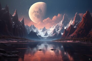 A serene scene featuring a pair of moons hanging above majestic mountains. Generative AI