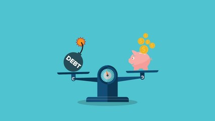 Debt and income on scales. Weighing, balance, debt statistics . - Powered by Adobe