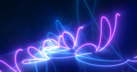 Abstract blue and purple glowing neon energy laser lines flying on a black background
