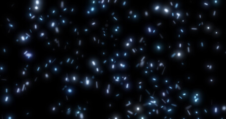 Abstract bright background of flying blue glowing light fire sparks from a fire on a black background