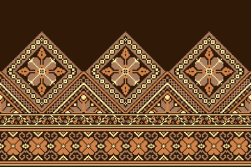  flower embroidery on brown background. ikat and cross stitch geometric seamless pattern ethnic oriental traditional. Aztec style illustration design for carpet, wallpaper, clothing, wrapping, batik.