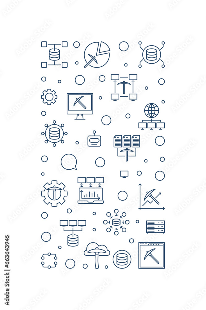 Poster data mining vertical banner in thin line style. database systems concept linear illustration