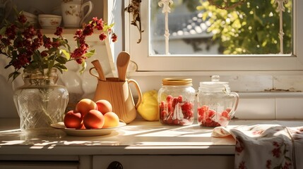 Still life with fruits and flowers in a vase. Storage organization for home. Interior design of modern kitchen
