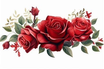Crimson rose and foliage on blank background. Generative AI