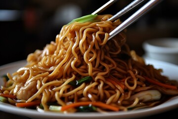 Zoomed-in Asian cuisine, stir-fried noodles. Generative AI