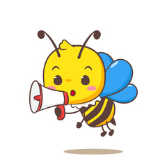 Cute bee holding megaphone cartoon character. Kawaii adorable animal concept design. Isolated white background. Vector illustration.