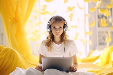 serious teenage girl with a laptop, seated on a bed in a well-lit room with yellow translucent curtains