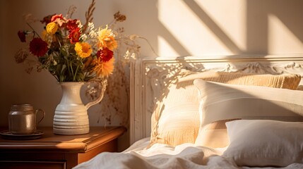 Sunny window interior of a bedroom with a flower in a vase