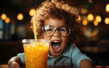 Funny child boy is drinking an orange juice - obrazy, fototapety, plakaty