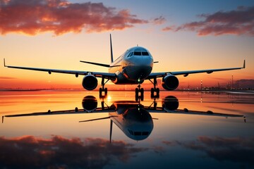 An aircraft on the runway, captured from the front at sunset