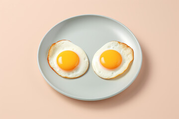 Food concept. Top view of two fried eggs on plate. Minimalist style, muted pastel colors. Generative AI