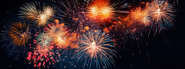 Fototapeta premium Colorful fireworks on dark sky background for celebration happy new year and merry christmas
