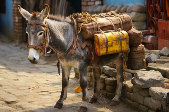 Donkey with baggage and saddle for transportation purposes in a rustic setting