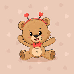 Cute cartoon teddy bear isolated on background with hearts. Postcard for Valentine's Day, Mothers day.