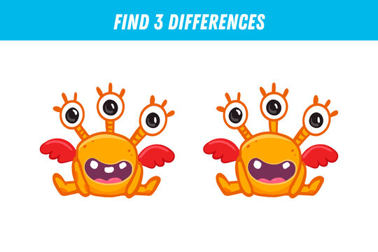 Find three differences between two pictures of cute orange monster. Cute alien. 