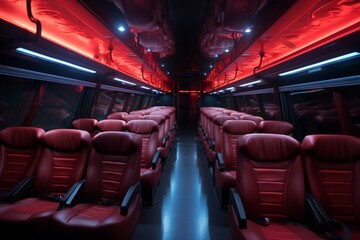 Lighting effects in a tourist bus cast a striking deep red ambiance