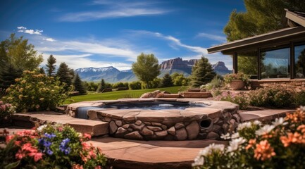 Luxury hot tub outdoor wiht mountain. Generative AI