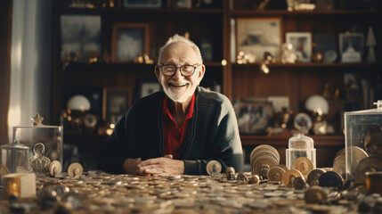 A grandpa proudly showcasing his prized vintage coin collection - obrazy, fototapety, plakaty