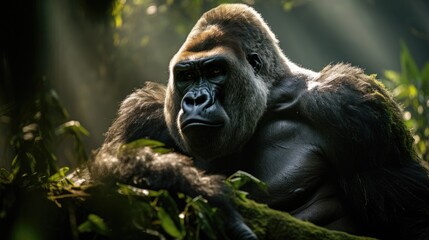 Portrait of sitting gorilla in wilderness. Generative AI