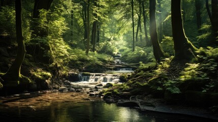Obraz premium Small waterfall in moss forest. Generative AI