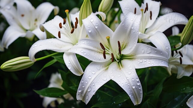 White lily flowers in a garden with a dark background. Generative AI