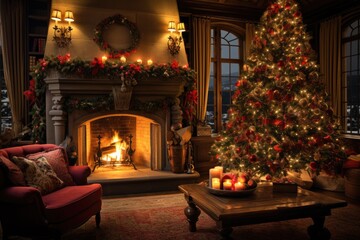 Fototapeta na wymiar Stylish interior of living room with fireplace decorated Christmas tree. Christmas decoration. Generative AI