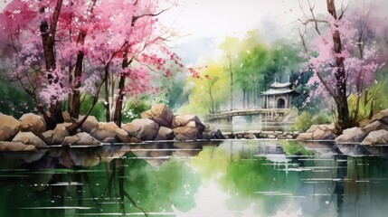 Small stream flowing beside vibrant bushes. Generative AI