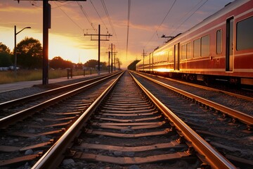 Fototapeta na wymiar Sunset casts a warm glow on the train platform beside the railroad