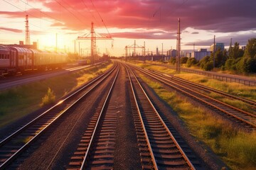 Fototapeta na wymiar Sunset illuminates railway tracks from above, a picturesque backdrop for cargo shipping