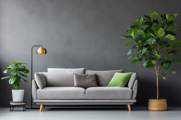 Modern, stylish, cozy, nature-inspired living room with a gray sofa, green plaid, elegant lamp, and fiddle leaf tree. Generative AI
