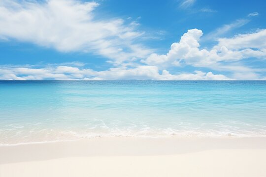 A beach with blue water, clouds, and a long line of sand in the foreground, with a blue sky and white sand beach in the foreground. Generative AI