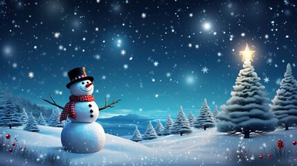 Obraz premium Christmas snowman with glowing trees and ornaments in a serene winter landscape, shining star, and crescent moon in falling snowflakes starry night. Christmas background - Christmas backdrop 