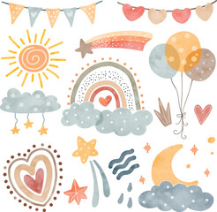 Watercolor Illustration set of rainbow, cloud, star, balloons and cute elements