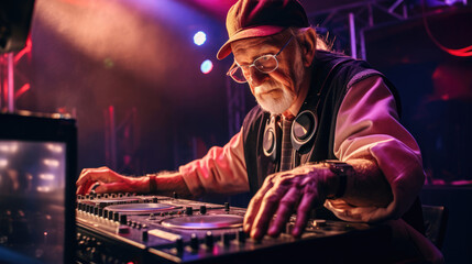 An elderly DJ mixing tracks at a retro dance event