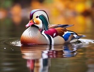 Closeup of mandarin duck swimming in lake.