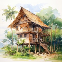 Fototapeta na wymiar A watercolored bright serene image of a traditional bahay kubo.