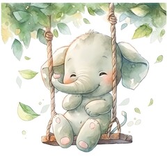 Cute happy baby elephant on swings in the tree in watercolor.