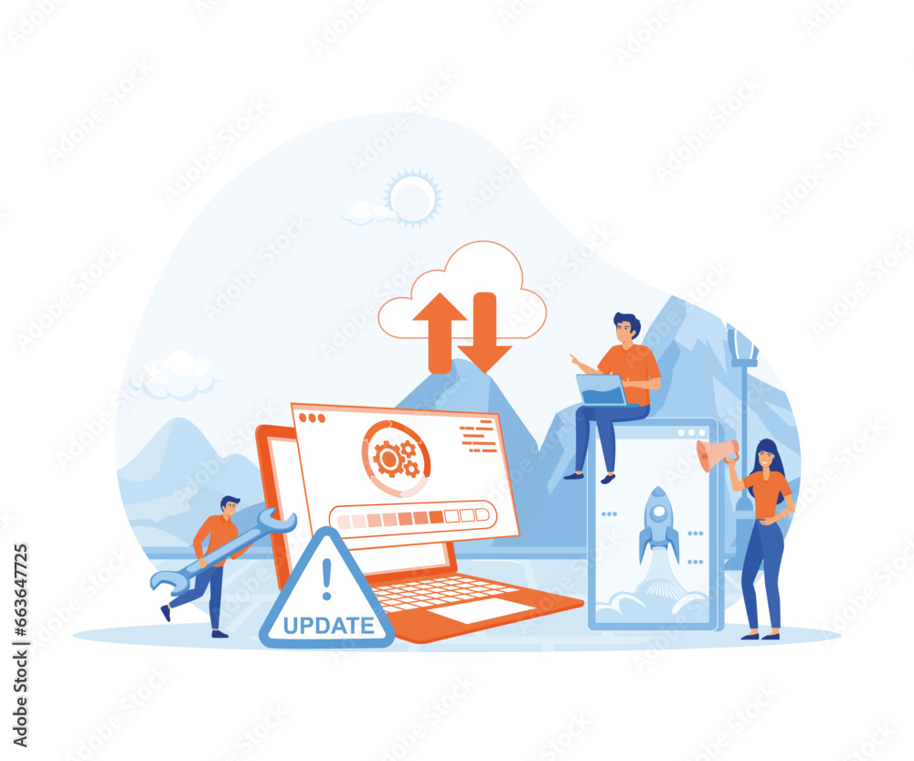 Poster system updates with people updating operation in computing and installation programs. flat vector mo
