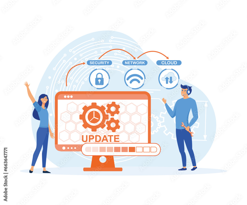 Poster the application and web development team ensures the system updates regularly over time. flat vector