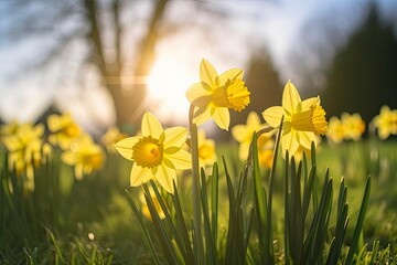 Obraz premium Daffodils in spring backlit by sun.