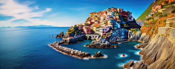 Fotobehang Panoramatic view of colorfull town, coast in  Cinque Terre, Liguria, Italy. Sunny day. Generative ai © alexanderuhrin