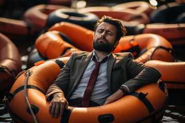 Tranquil business mindset - a businessman peacefully sleeping on a raft at sea. - Powered by Adobe