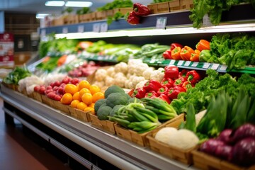 Fruits and vegetables on shop stand in supermarket grocery store. - obrazy, fototapety, plakaty