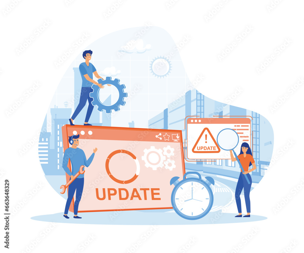Poster system update. tiny programmers upgrading operating system. flat vector modern illustration
