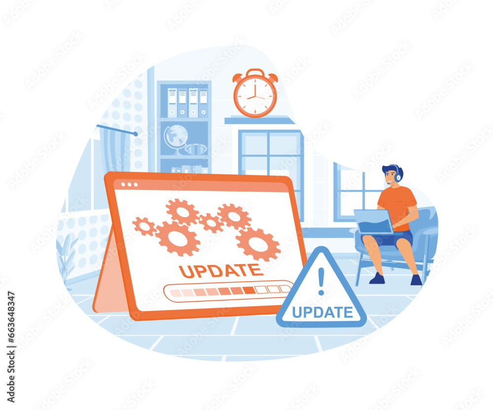 Poster system update. the programmer behind the computer screen. flat vector modern illustration