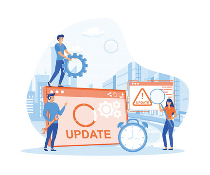 System Update. Tiny programmers upgrading operating system. flat vector modern illustration 