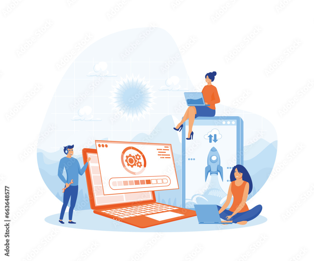 Poster technical error and service. computer laptop screen with updating progress bar. flat vector modern i