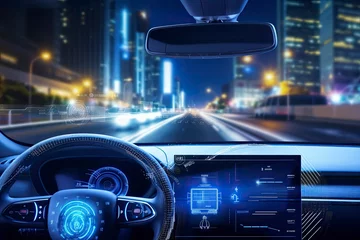 Fotobehang Modern smart car technology intelligent system using Heads up display (HUD) Autonomous self driving mode vehicle on city road with graphic sensor radar signal system intelligent car. © SAJEDA