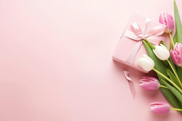 Obraz na płótnie Canvas Pink gift box with ribbon bow and bouquet of tulips on isolated pastel pink background.
